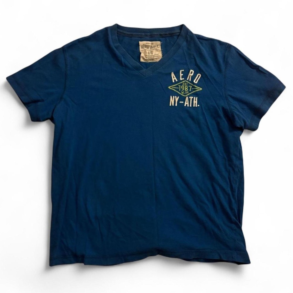 Aeropostale Vintage Blue AERO 1987 NY-ATH V-Neck T-Shirt Women Large L Y2K